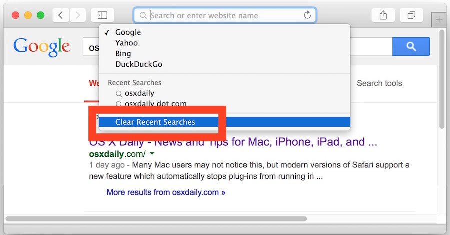 Clear search history in Safari in OS X Yosemite
