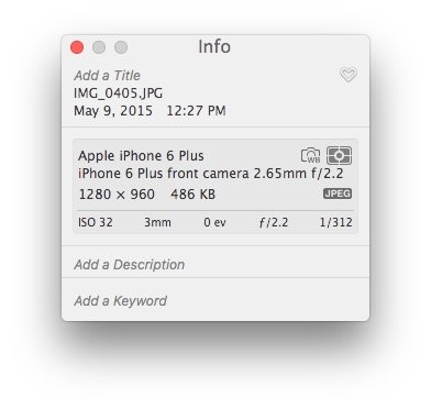 EXIF information appears in Photos for Mac